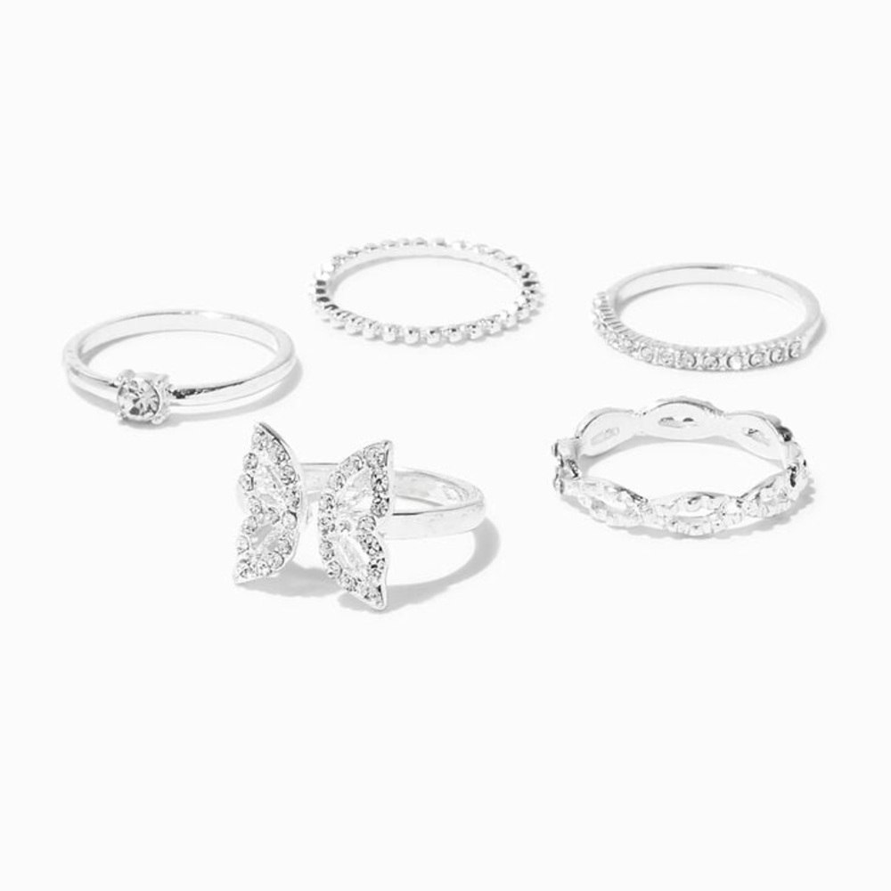 Claire's Silver-tone and Faux Rhinestones Butterfly Ring Set - 5 rings